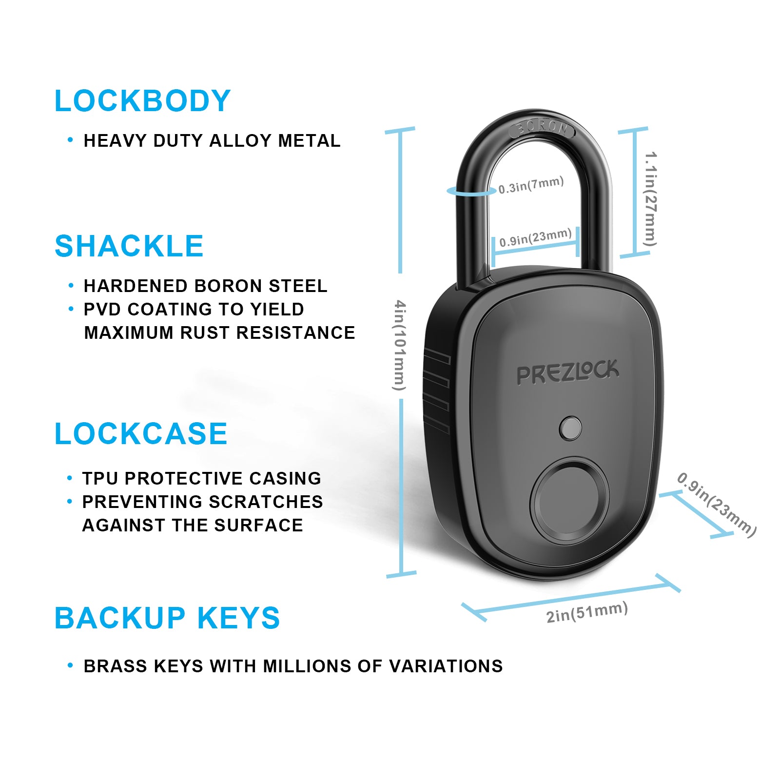 Prezlock Pebble - Fingerprint Padlock with Key Backup(4 Keys)